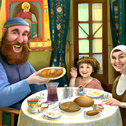 משפחה אורתודוקסית חייכנית נהנית מארוחה בצימר