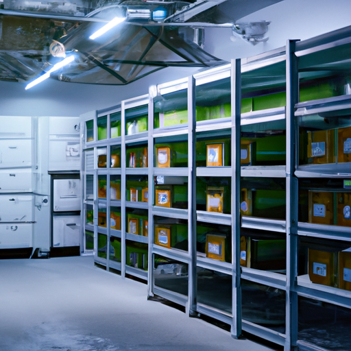 תמונה של חדר אחסון מבוקר טמפרטורה עם מדפים מלאים במוצרים.